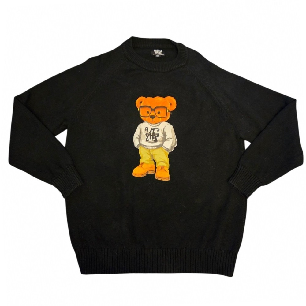 Hustle Gang Men Black Cotton Graphic Bear Knit Sweater 2X Pullover Raglan Sleeve